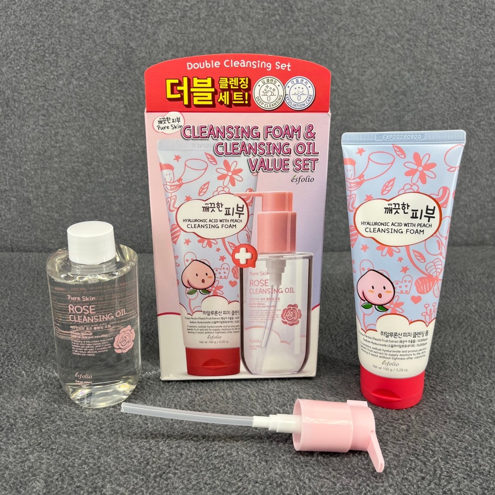 Esfolio Double Cleansing Set Women Pink Peach Hyaluronic Foam Rose Oil KBeauty